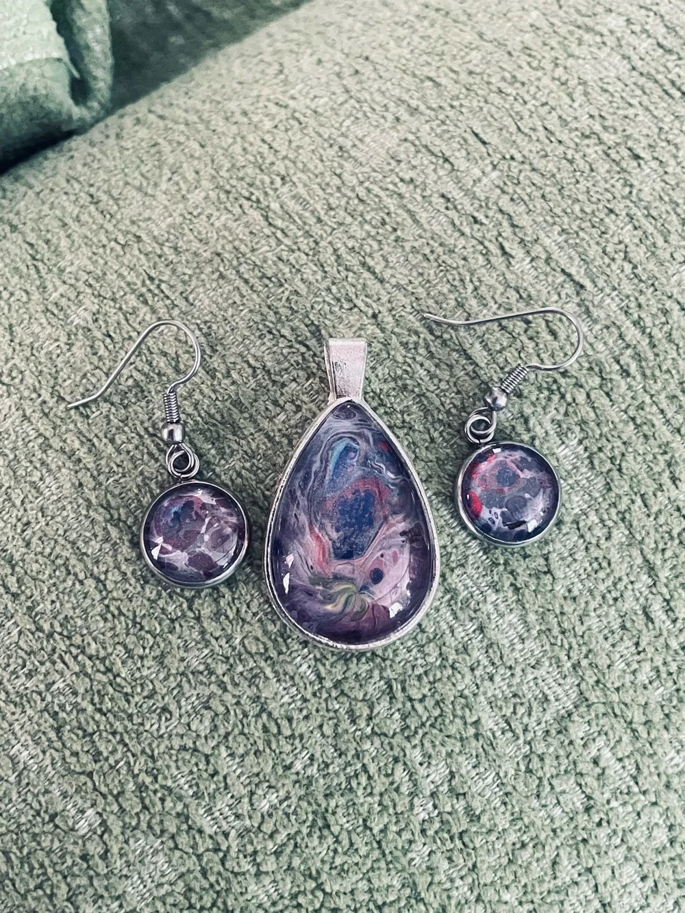 Handcrafted Teardrop Pendant & Earrings Set in Purple and Multicolor by me.